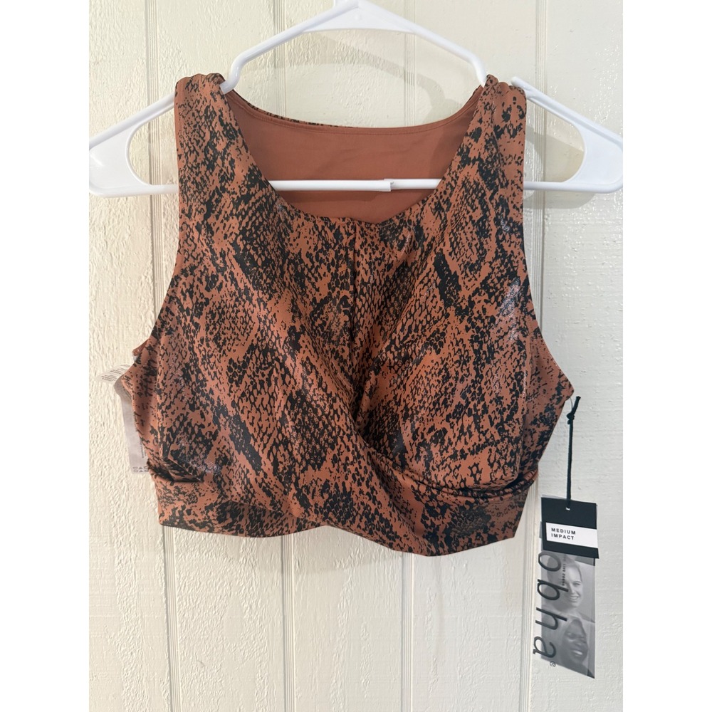 NWT Zobha Womens Snakeskin Twist Front Medium Impact Sports Bra Brown Black M